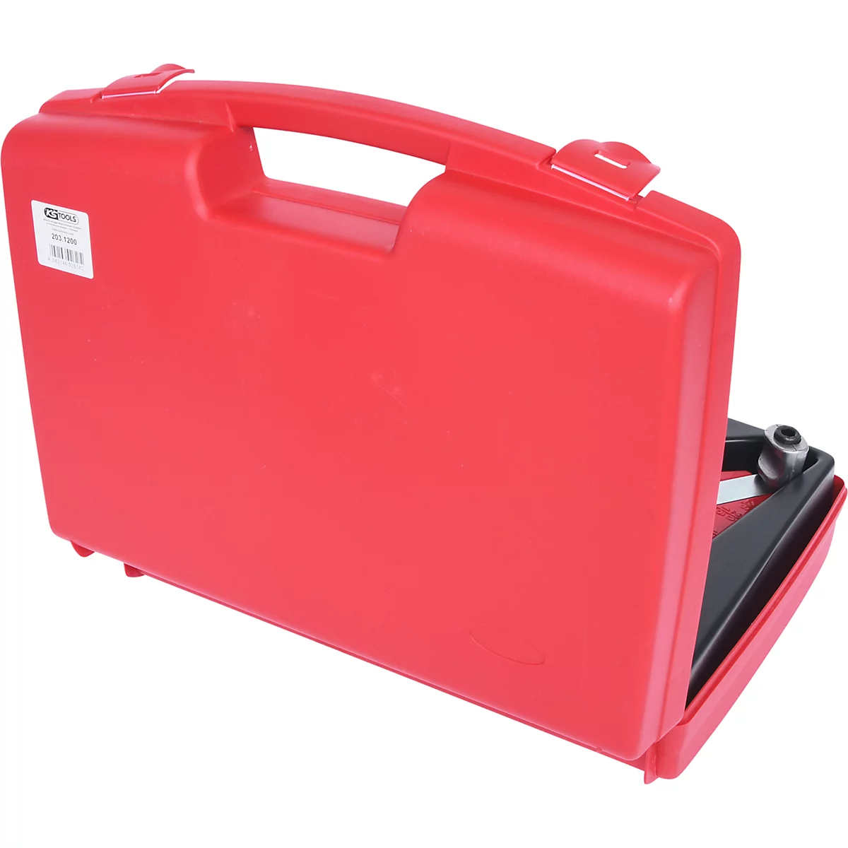 Roter Werkzeugkoffer, halb geöffnet, mit Werkzeug. Auf dem Deckel befindet sich ein Aufkleber.